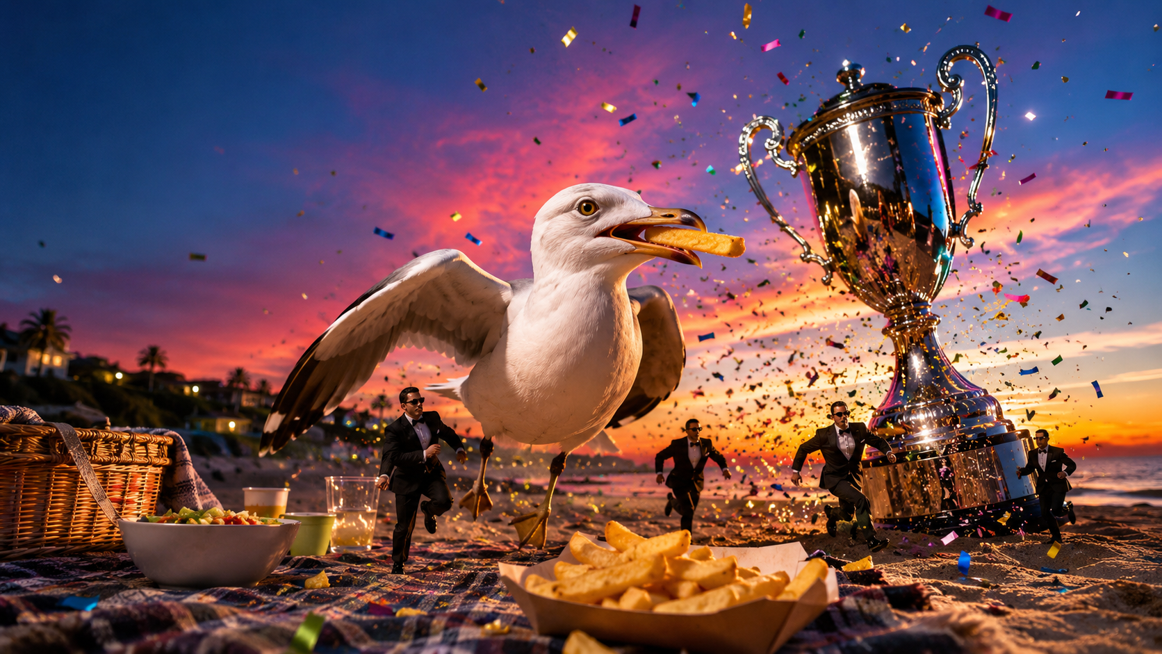A surreal AI comedy image of a seagull stealing chips