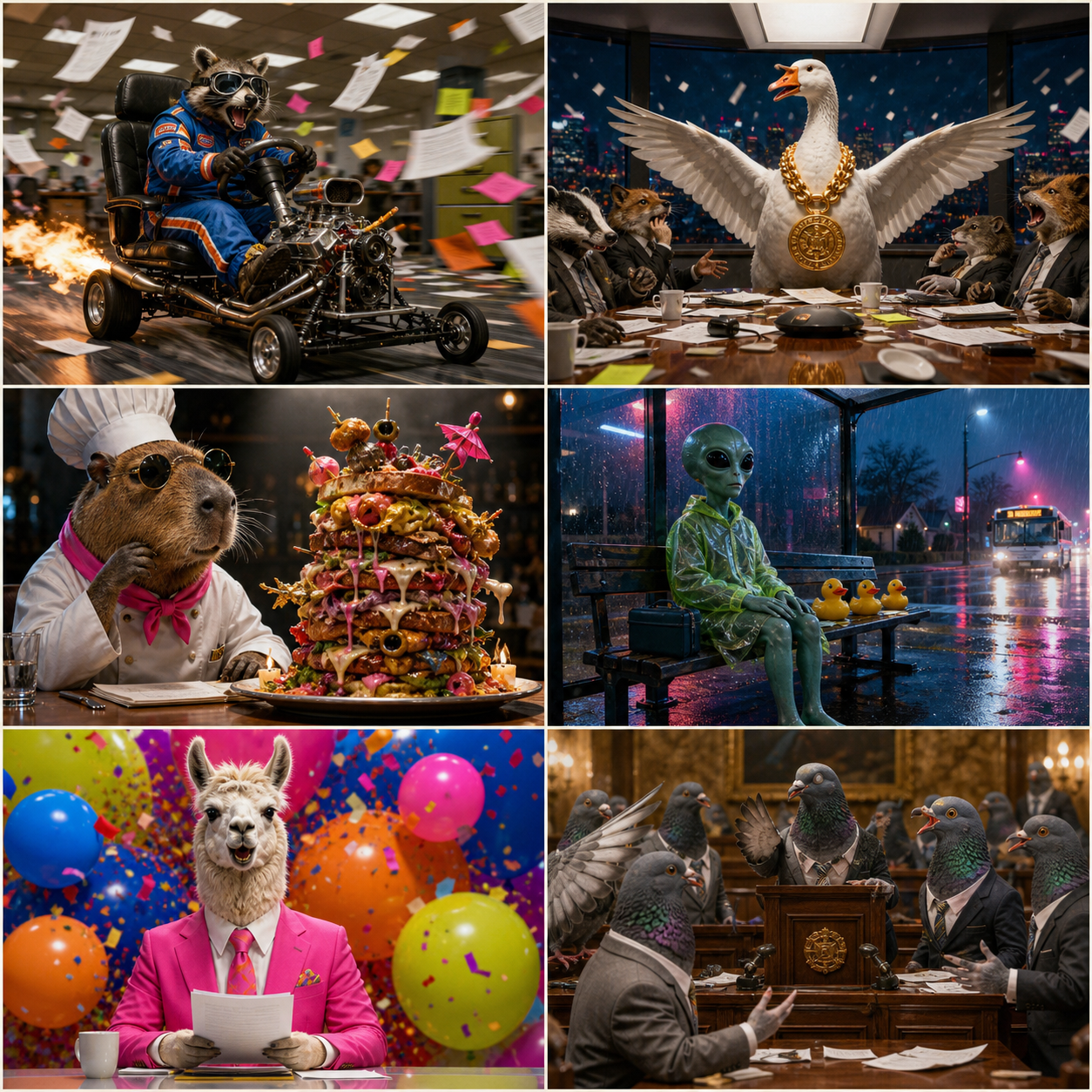 Six original absurd AI comedy scenes: racing raccoon, boardroom goose, capybara chef, alien commuter, llama presenter and pigeon parliament